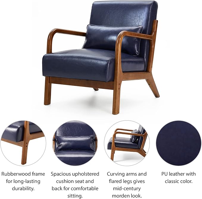 Glitzhome 30.75" H Mid Century Navy Blue Accent Armchair, Single Reading Armchair PU Leather Lounge Chair with Walnut Ruberwood Frame
