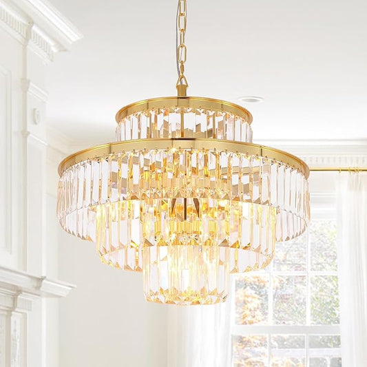 Modern Crystal Chandelier Light Pendant Ceiling Lamp 4-Tier Chandeliers Lighting Fixture for Dining Living Room Foyer Hallway 6-Lights Gold (Dia 20 Inch)