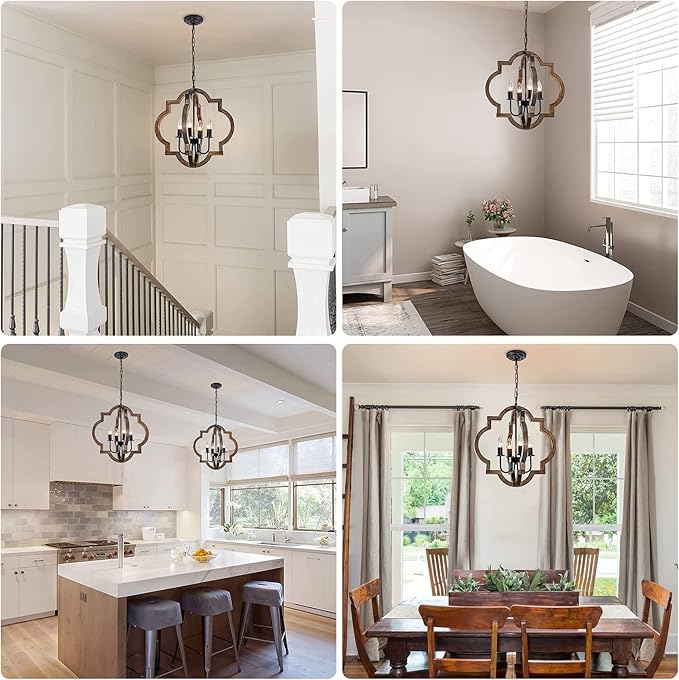 19.49'' Farmhouse Wood Chandelier, 4-Light Rustic Dining Room Light Fixture, Orb Chandelier Light Adjustable Height, Pendant Lighting for Kitchen Island Foyer Living Room Over Dining Table