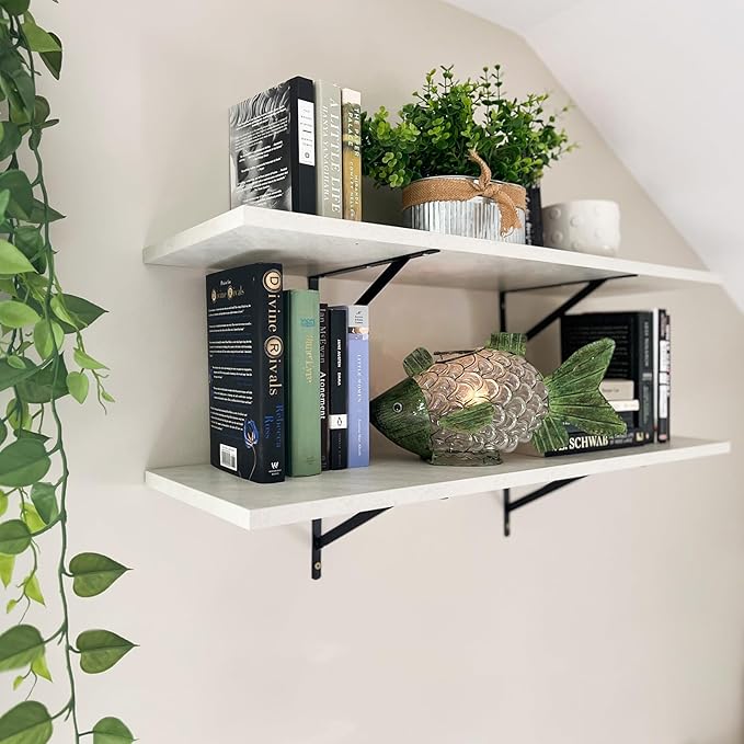 Kaboon 27 inch Long 10 inch Deep Floating Shelves for Wall Set of 2, Large Open Shelves Wall Mounted, Space Saving Home and Commercial Use, Sea Salt/Greyish White
