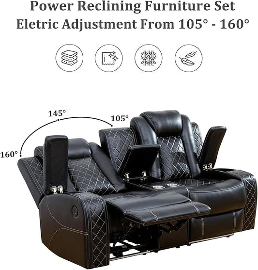 Power Recliner Loveseat, Air Leather Reclining Couch with LED/Cup Holders/Storage, 2-Seater Reclining Sofa, Black Leather Couch for House/Apartment/Office