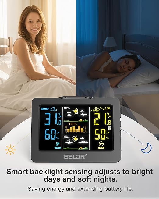 Wireless Weather Station with Outdoor Sensor, Indoor Outdoor Thermometer Hygrometer, HD Color Display, Smart Backlight, Rechargeable Battery Temperature Humidity Monitor
