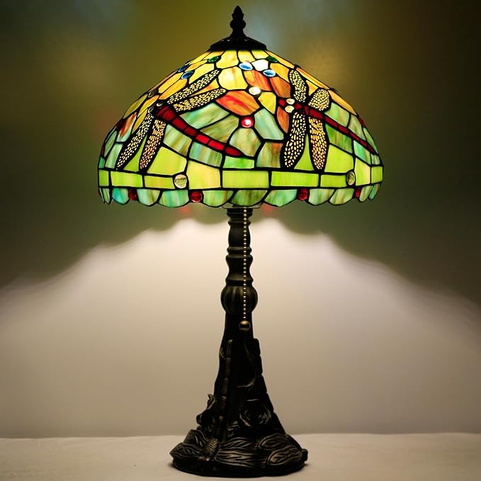 Tiffany Table Lamp Stained Glass Lamp 12X12X19 Inch Antique Reading Light (Green Red Dragonfly)