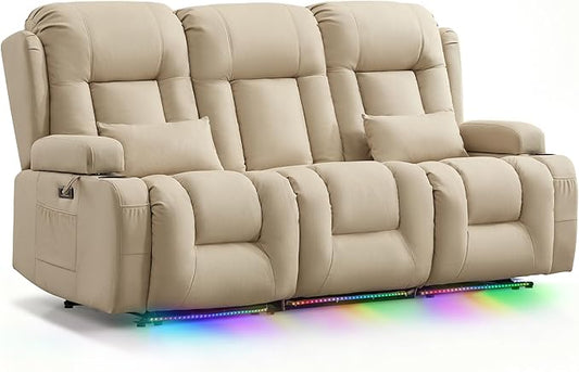 TUNYI Wall Hugger Loveseat Recliner Sofa with Console, Power Reclining Loveseat RV Couch with Massage & Heat/USB/Outlet/Storage/LED Light (Beige, 3 Seat)