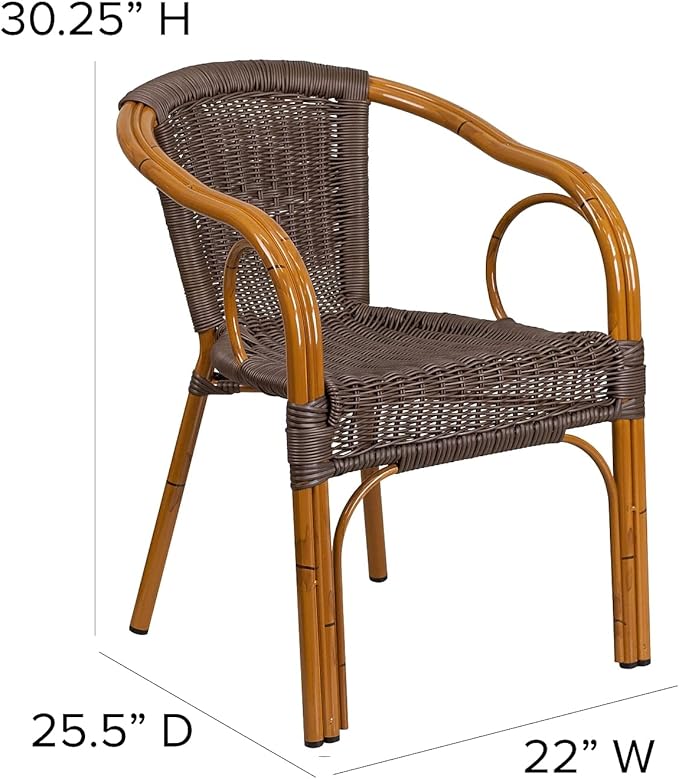 Flash Furniture 3 Pack Cadiz Series Dark Brown Rattan Restaurant Patio Chair with Red Bamboo-Aluminum Frame