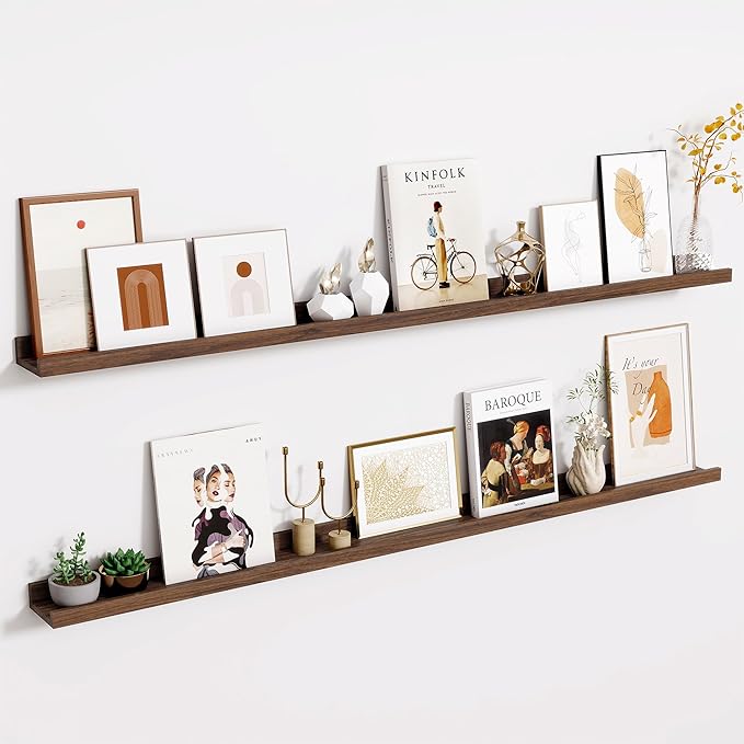 Fun Memories Long Wall Shelves Set of 2-60 Inch Floating Shelves for Wall - Picture Ledge Shelf with Lip for Storage - Wall - Mounted Shelves for Bedroom - Living Room - Kitchen - Walnut Color