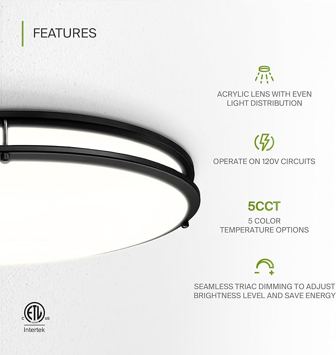 ASD LED 32" Oval Flush Mount Lighting, Close to Ceiling Light Fixture | 5CCT, Dimmable, ETL Listed | 50W 4195LM 2700-5000K 120V | Low Profile Double Ring Lamp | Black