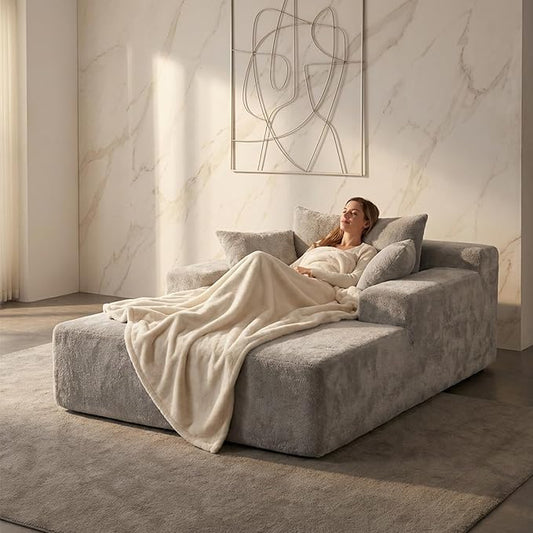Sytopia Chaise Lounge with Armrests, Oversized Sofa Bed with 3 Pillows, Cozy Couch, Sleeper Reading Chair for Living Room Bedroom, Floor Sofa Chenille, Furniture Sala, Urban Grey