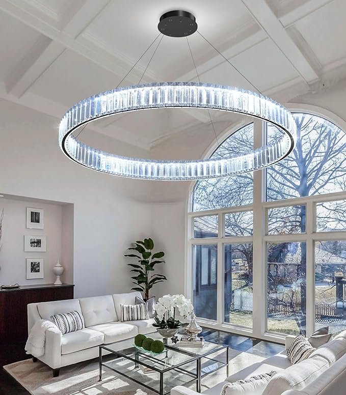 32'' Modern Ring Chandelier Crystal Chandeliers for Dining Room Round LED Dimmable Ceiling Light Fixture for Living Room Bedroom Lighting Black