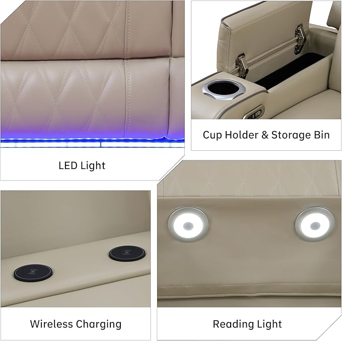 Power Reclining Sectional Sofa for Living Room - Reclining Couch with Console, Cup Holders, USB Ports and LED Lights, L-Shaped Home Theater Seating Set