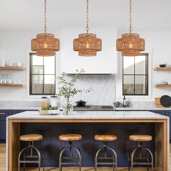 12.6" Hand-Woven Rattan Pendant Light Fixture Vintage Farmhouse Boho Bamboo Pendant Lighting Mini Drum Wicker Rattan Golden Chandelier for Kitchen Island, Bedroom, Dining Room, Entryway, Foyer