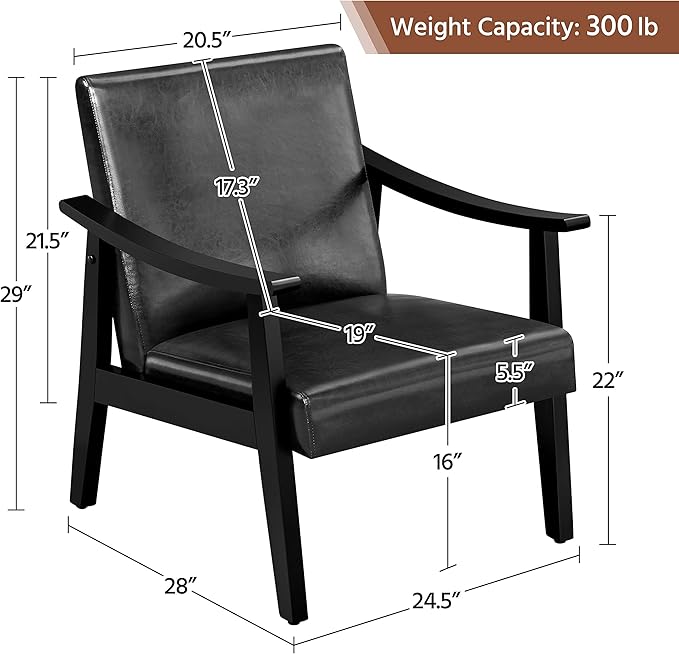 Yaheetech PU Leather Accent Chair, Mid-Century Modern Armchair with Solid Wood Legs, Reading Leisure Chair with High Back for Living Room Bedroom Waiting Room, Black