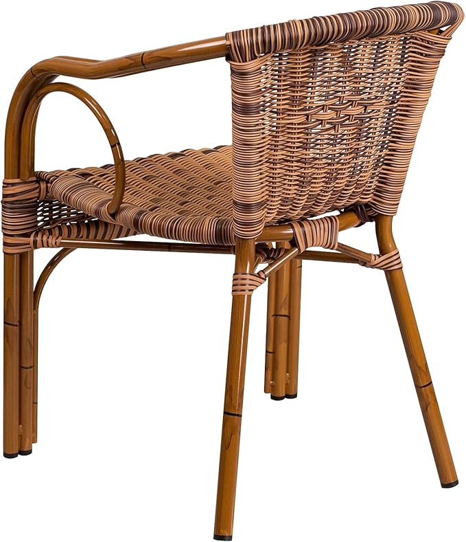 Flash Furniture Cadiz Series Dark Red Bamboo-Aluminum Indoor-Outdoor Restaurant-Patio Chair with Burning Brown Rattan