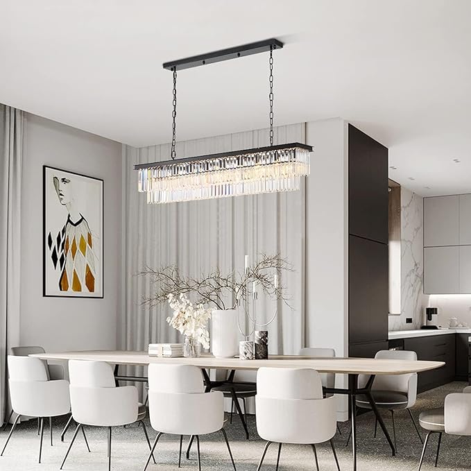 NOXARTE Rectangle Chandeliers for Dining Room, Modern Rectangular Crystal Chandelier Black 8 Lights Pendant Fixture for Kitchen Island Bar Living Room L47 Inch