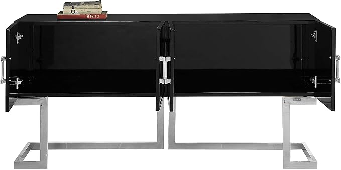 Meridian Furniture Beth Collection Modern | Contemporary Sideboard Buffet, Rich Chrome Stainless Steel Base, Black Laquer Finish, 64" W x 18" D x 31" H, Cabinet