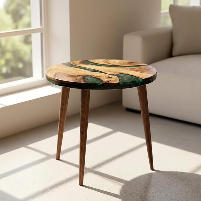 20" Resin Walnut Round Side Table | Epoxy End Table | Coffee Table | Mid Century Modern Resin Walnut | Living Room Furniture | Green Color