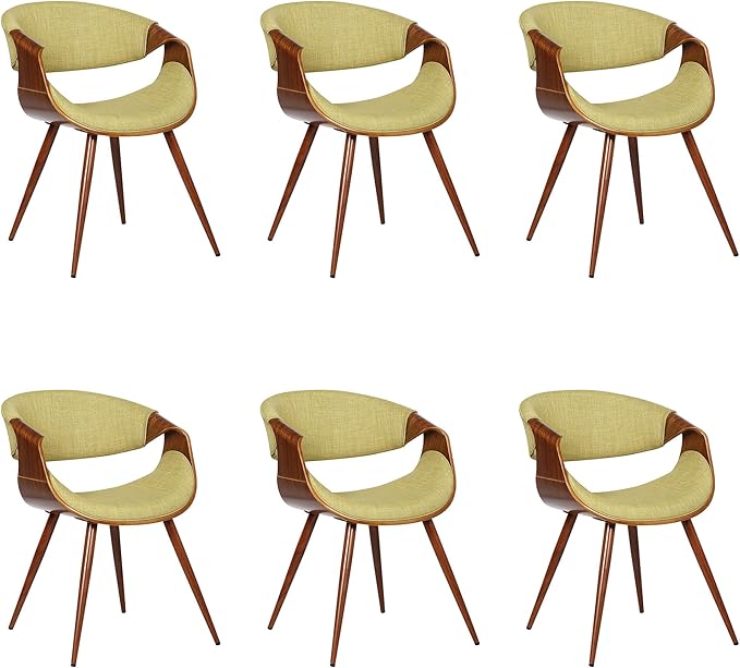 Armen Living Butterfly Mid-Century Dining Chair in Walnut Finish and Green Fabric - Set of 6