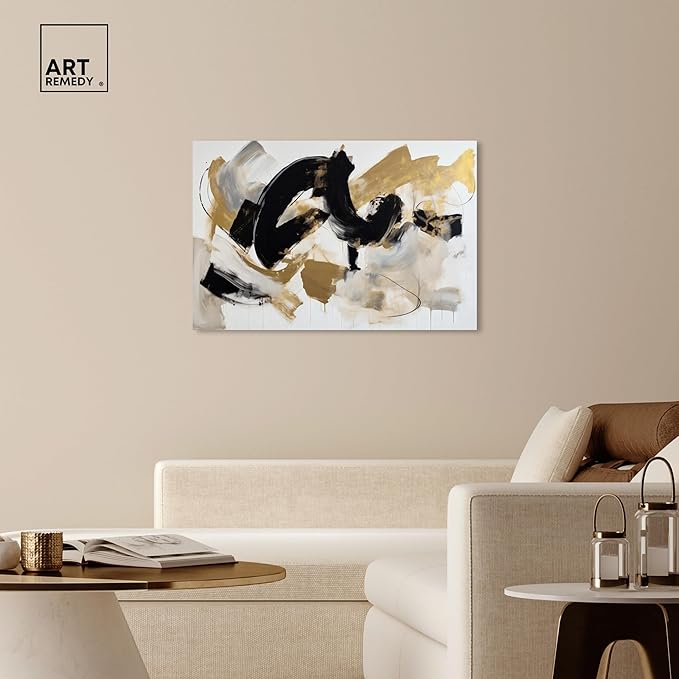 Art Remedy Moved Abstraction Canvas Modern Black White Abstract Wall Art, Gallery Wrapped, 45" x 30"