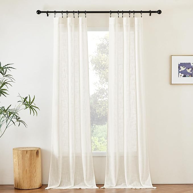 NICETOW Faux Linen Living Room Curtains 96 inch Length, Rod Pocket & Back Tab Window Treatments Semi Sheer Drapes Privacy with Light Filtering for Bedroom, Natural, 2 Panels, W34 x L96