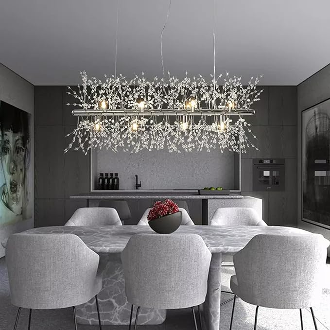 Modern Crystal Firework Chandelier, Linear Dining Room Lighting Fixtures Hanging, Chrome Dandelion Chandelier LED Pendant Lighting for Dining Room, Bedroom, Living Room (12-Light, 35.5")