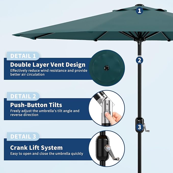 Garvee 9FT Patio Umbrella - Outdoor Table Umbrella with Crank Lift & Push Button Tilt - Market Umbrella 8 Sturdy Ribs UV Protection for Pool, Deck, Yard, Garden - Turquoise