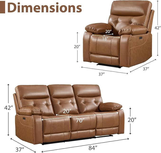 CANMOV Genuine Leather Power Recliner Sofa Set,Two Power Recliner Chair and Sofa Set, 3 Pieces Leather Couch with Hidden Cup Holders, USB Ports, for Living Room, Brown