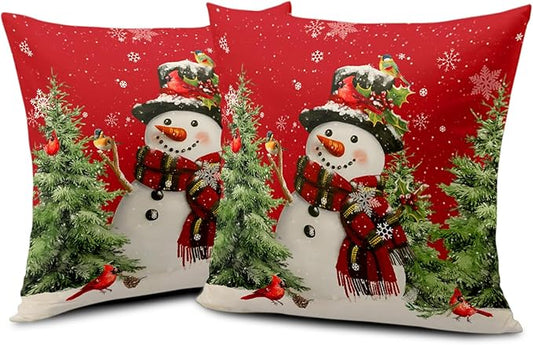 Winter Red Snowman Throw Pillow Covers 20x20 Inch Christmas Snowflake Bird Pine Tree Pillows Cases Xmas Rustic Farmhouse Pillowcase Holiday Cushion Cases for Living Room Couch Sofa, 2 Pack