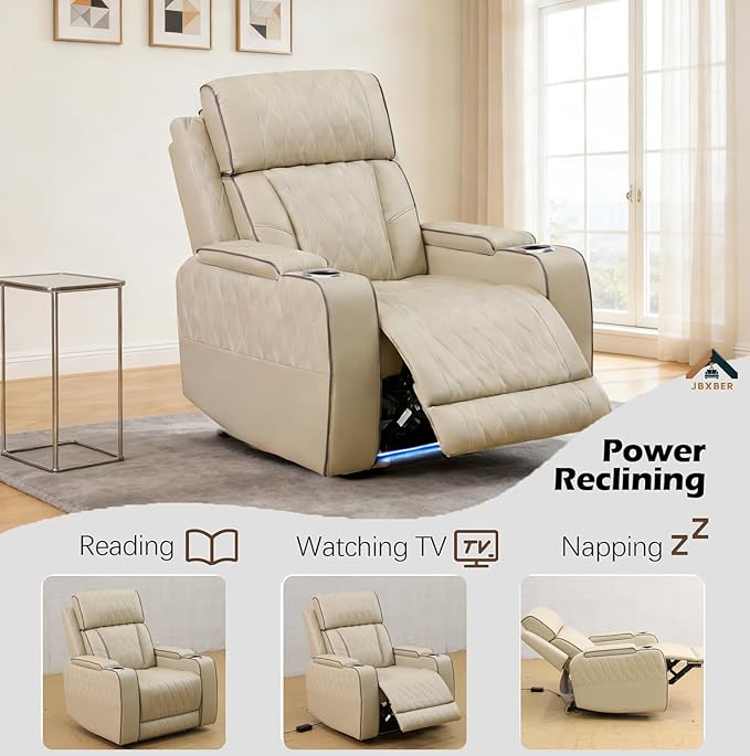 Power Reclining Sofa Set for Living Room, Leather Recliner Chair with Arm Cup Holders, Arm Storage for House/Home Teather(Single Chair, Beige)