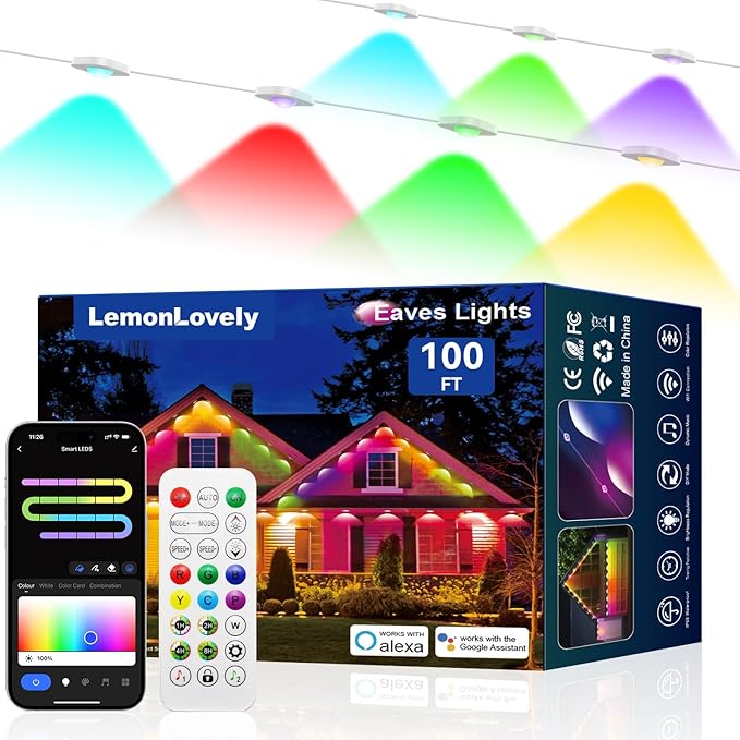 Permanent Outdoor Lights for House, RGB+IC IP67 Waterproof Smart Eave Lights 100ft with 72 LED, Eternity Lighting for Holiday Daily Decor, Work with Remote, APP