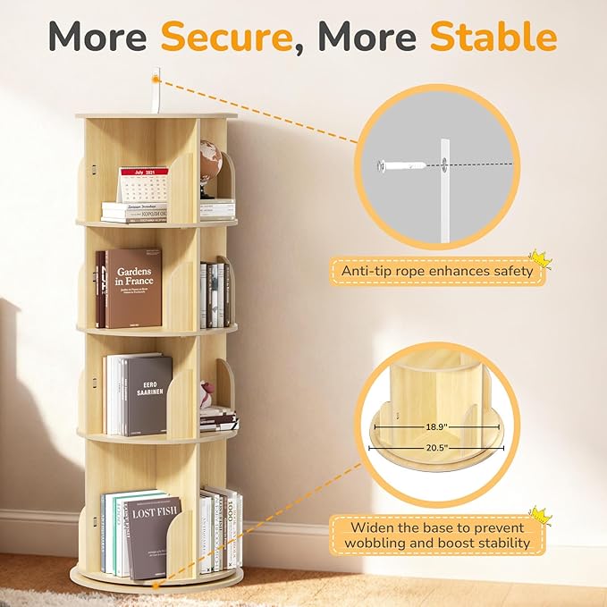 BIERUM 4 Tier Rotating Bookshelf, 360 ° Display Spinning Bookshelf Tower for Kids, Revolving Bookcase Narrow Book Shelf for Small Space, Rotating Bookshelves for Kids Room, Bedroom, Living Room
