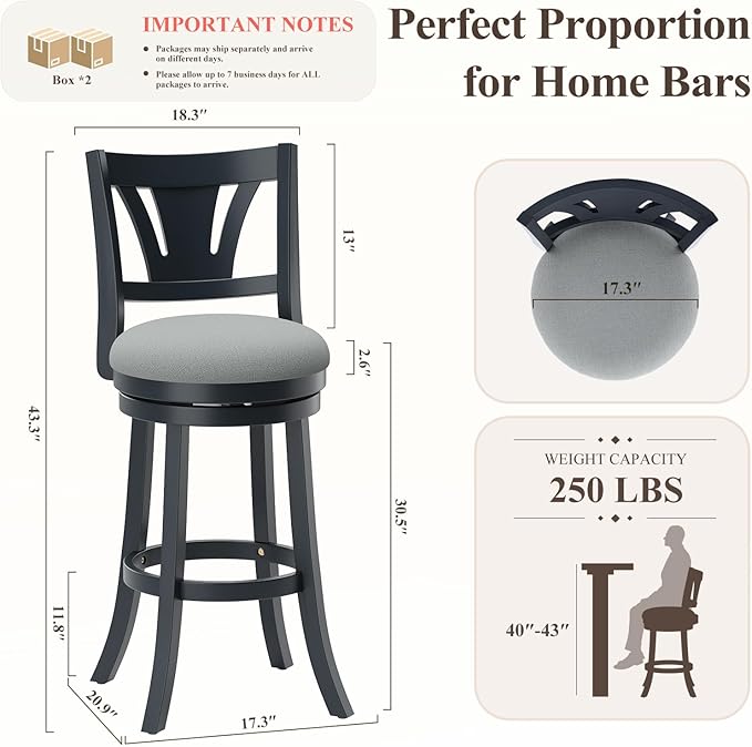Swivel Bar Stools Set of 3,30 Inch Bar Height Barstool with Silent Rotation, High-Density Foam Cushion, Solid Wood Frame, Footrest & Anti-Slip Pads for Kitchen Islands and Home Bars (Grey)