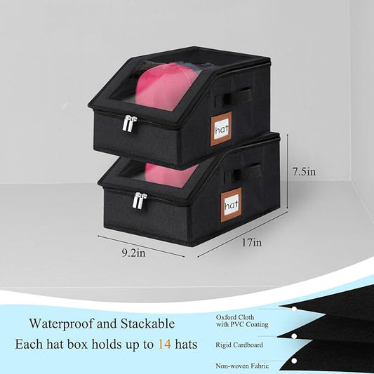 6 Pack Hat Storage for Baseball Caps-Holds Up to 56 Caps, Hat Organizer for Closet Stackable Hat Box with Cardboard, Dust-proof Beanie organizer with 2 Handles for Home Travel (Black, 6Pack-Small)