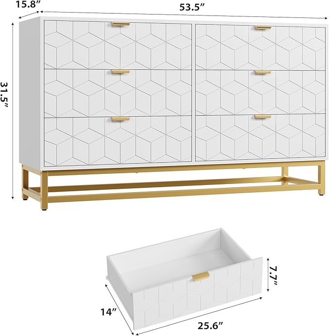 GAOMON Dresser for Bedroom, 53.5" Large Dresser Organizer, 6 Drawer with Golden Metal Handle and Legs, Modern Chest of Drawers, White Dressers with Drawers for Closet, Hallway, Living Room, Entryway