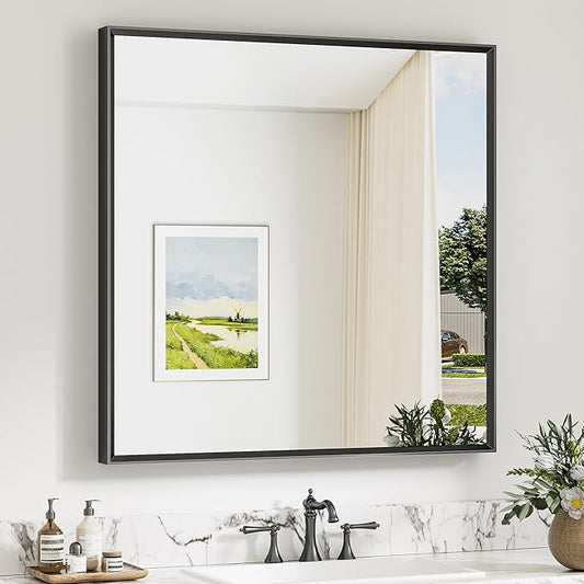 Keonjinn 36 x 36 Inch Black Bathroom Mirrors for Over Sink, Beveled Rectangle Framed Mirror for Wall, Black Bathroom Vanity Mirror, Tempered Glass, Square Corner, Farmhouse Style