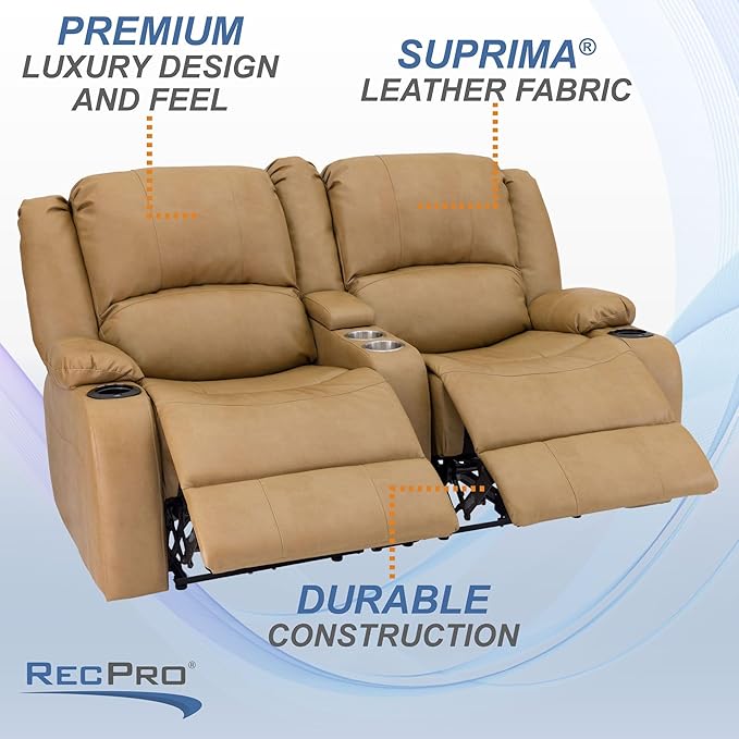 RecPro Charles 64" Powered Recliner RV Sofa with Console and Cupholders | Zero Wall Loveseat for Camper | Wall Hugger Couch with Upgraded 2023 Fabric (Toffee)