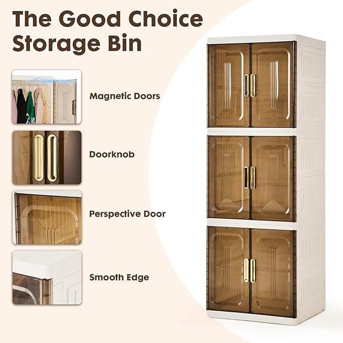 YHB Easy Assembly Wardrobe Portable Closet Storage Cabinet, Pet Collapsible Clothes Organizers,White, Collapsible Wardrobe with Visualization Doors, Rolling Wheels