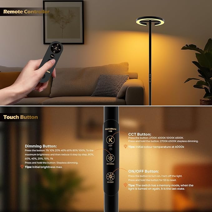 24W LED Floor Lamp with Remote, 70.8" Tall Standing Reading Lamp, Stepless Adjustable Brightness & Color Temps, 350°Rotatable Ring Light, Dimmable, Modern Corner Lamp for Living Room Bedroom Office