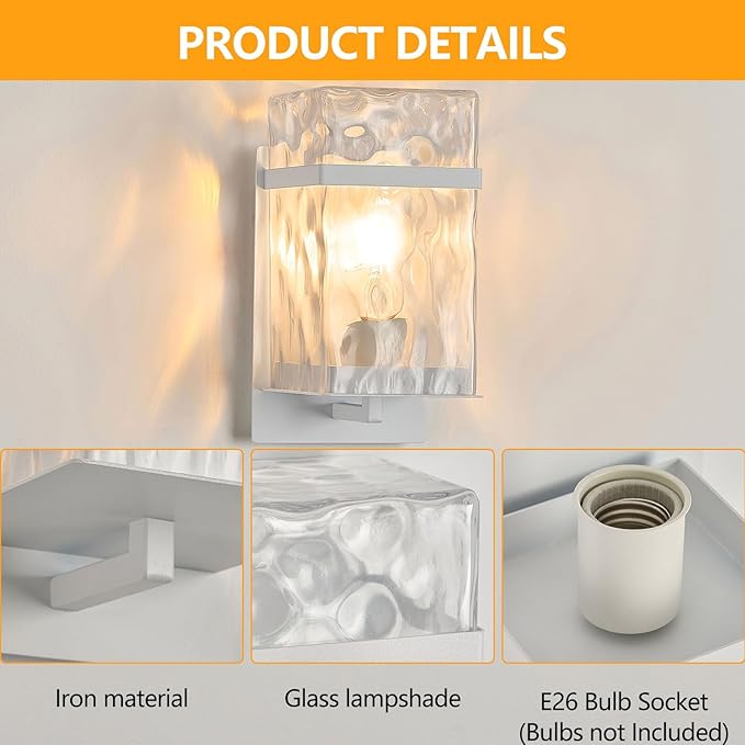 Outdoor Wall Light, White Exterior Waterproof Lanterns,Porch Sconces Wall Mounted Lighting with E26 Sockets & Glass Shades, for Garage,Doorway,Patio,Front Door