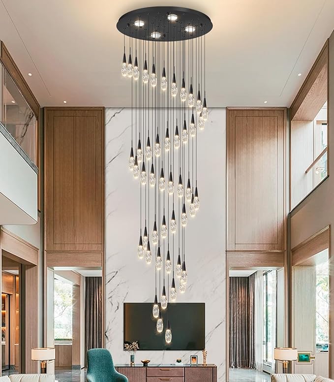 46-Lights 19 Feet Large Modern Chandelier LED Light Fixtures High Ceiling Long Light Chandelier for Entrance Foyer Dimmable Lights with Remote Living Room Ceiling Pendant Lighting Black