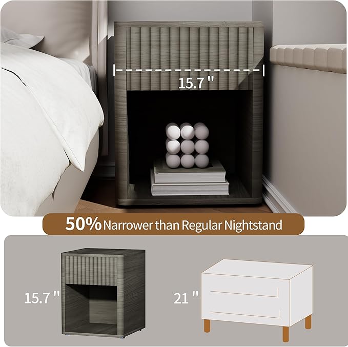 VICITON Fluted Narrow Night Stand,Thin Nightstand with Leather Surface, Small End Table with Storage, Living Room/Bed Side Table for Small Spaces (Gray, Large)