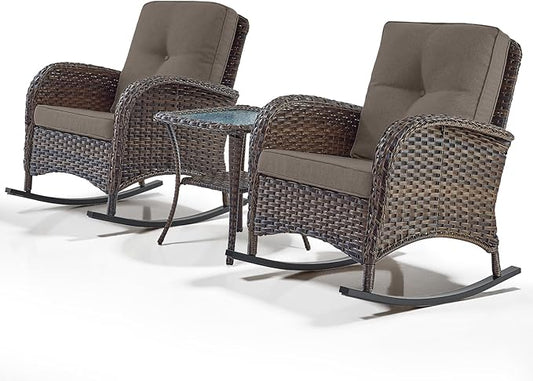 Belord Wicker Porch Rocking Chairs - 3 Pieces Patio Bistro Set High Back Outdoor Rocker Chairs Set with Side Table for Deck Balcony Brown/Grey