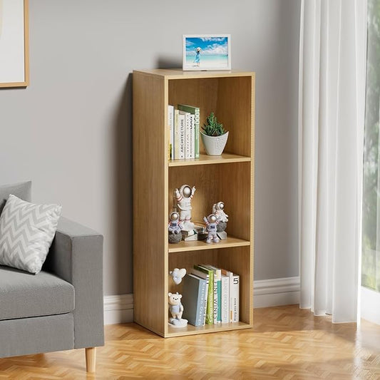 3 Tier Bookshelf, Narrow Bookcase for Small Spaces, Wooden Book Case Bookshelves Storage Organizer for Bedroom Living Room Home Office (Oak, 3 Cube)