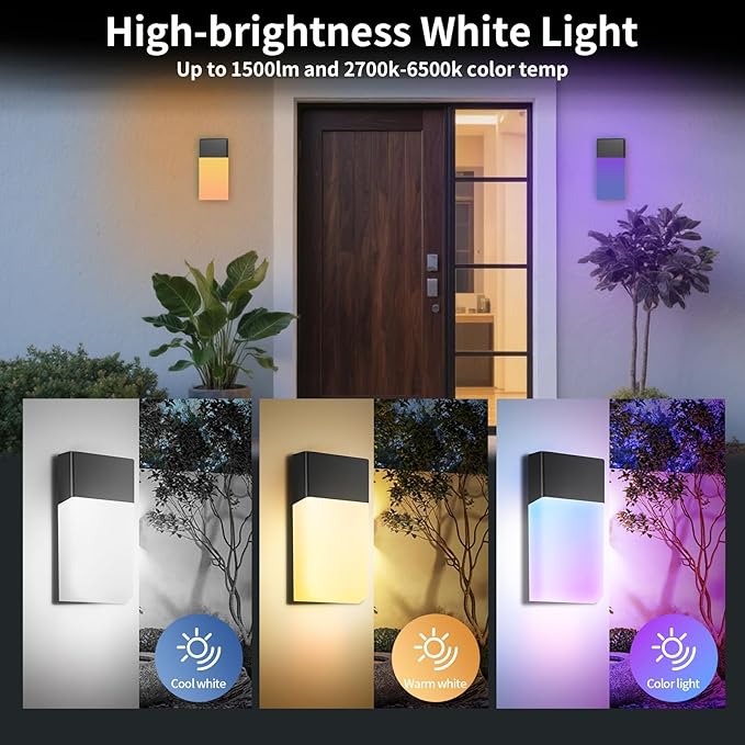 Outdoor Wall Lights RGB, 1500LM Smart Exterior Porch Sconces Wall Mounted Lighting, IP65 Waterproof, DIY Lighting for Garden, Garage and Patio - Ideal for Festivals The Christmas and Parties, 2 Pack