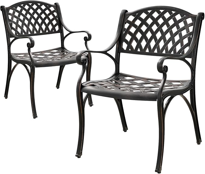 Outdoor Cast Aluminum Chairs Set of 2, Patio Dining Chair with Armrest, All-Weather Patio Bistro Chair Set with Adjustable Foot Pads for Balcony, Lawn, Garden, Backyard