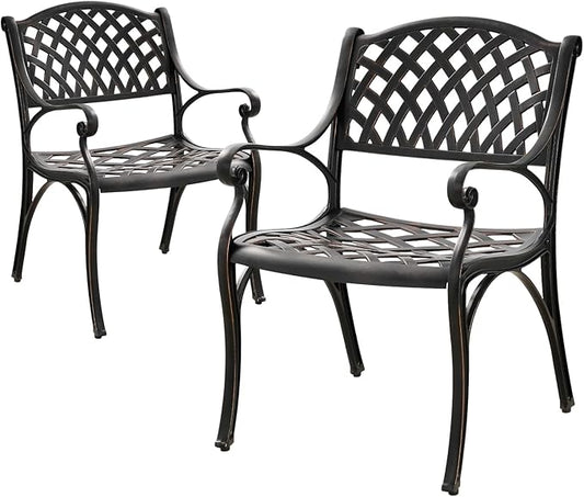 Outdoor Cast Aluminum Chairs Set of 2, Patio Dining Chair with Armrest, All-Weather Patio Bistro Chair Set with Adjustable Foot Pads for Balcony, Lawn, Garden, Backyard