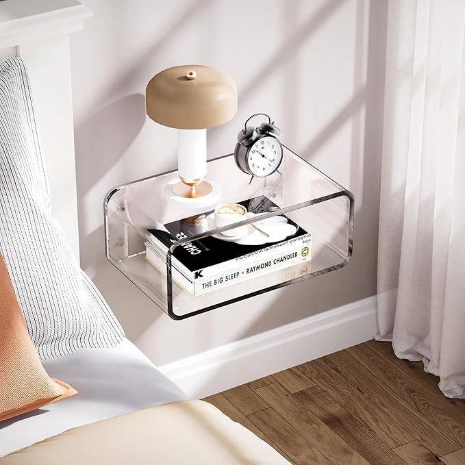 Acrylic Floating Nightstand, Bedside Table, Nightstand Shelf Wall Mounted Bedside Shelf (Clear, Small)