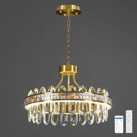 Gold Modern Round LED Crystal Chandelier - 17.7" Luxury 3 Colors Stepless Dimmable Chandeliers for Dining Room,Adjustable Height Ceiling Light Fixture for Kitchen Island Bathroom With Remote Control