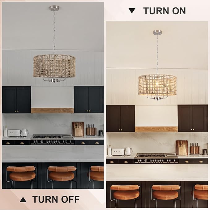 18.9'' Hand Woven Rattan Chandelier, 5-Light Brushed Nickel Chandelier Rattan Pendant Light Fixture, Wicker Farmhouse Chandeliers for Dining Room Bedroom Living Room Foyer