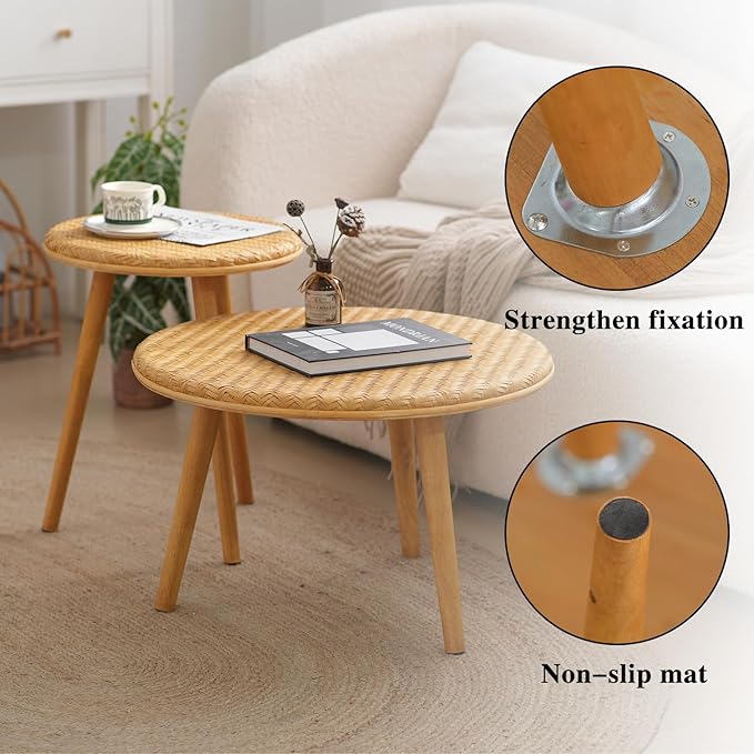 Side Table Set of 2, Coffee Table for Living Room, Farmhouse Circle End Table, Boho Round Coffee Table Natural Finish with Handcrafted Bamboo-Woven Tabletop, Unique Coffee Table