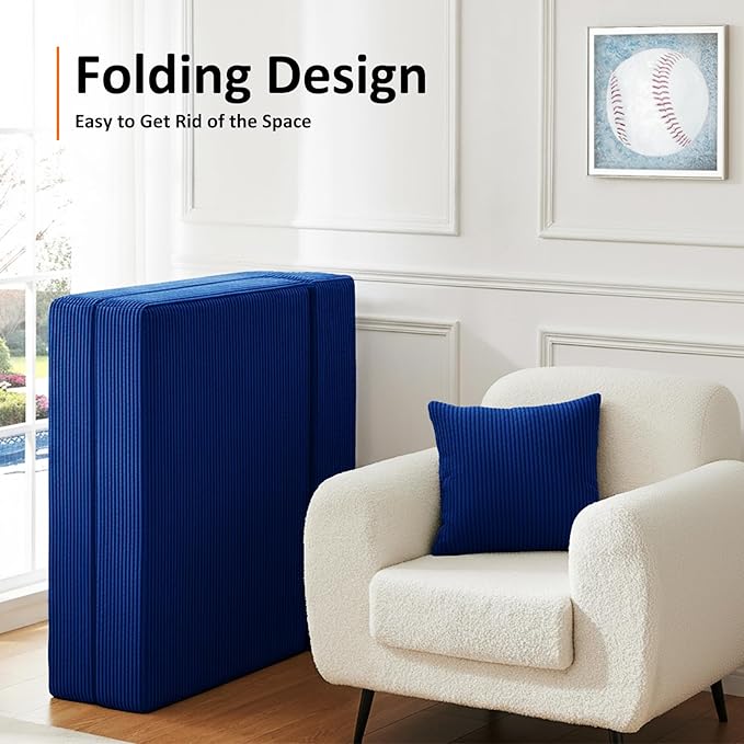 JKMAX Single Size Folding Sofa Bed - 4 in 1 Convertible Sleeper Chair - High Density Memory Foam Futon Couch - Foldable Bed for Living Room Bedroom (Blue)
